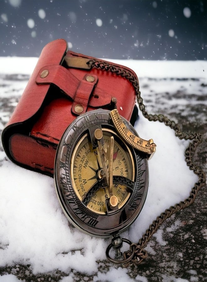 BAZROSS Handcrafted Vintage Brass Sundial Compass - Antique Nautical Sun Clock with Leather Case - Engraved Collectible Brass Compass Gift for Men - Christmas & Holiday Collection Gift - Image 2